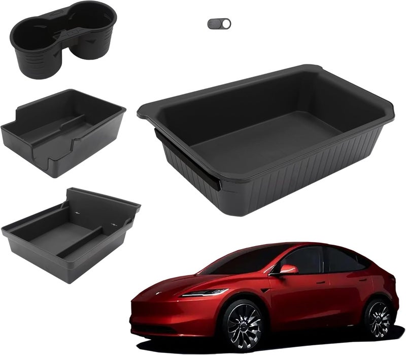 AZGaea Double Layer Center Console Organizer 5PCS for Tesla Model Y 2021-2024 Model 3 2017-2023, TPE Under Seat Storage Box, Cup Holder, Camera Cover Compatible with Tesla Model 3/Y Accessories, Black - Image 1